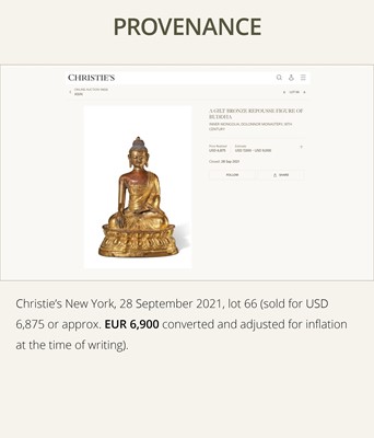 A GILT-BRONZE REPOUSSÉ FIGURE OF BUDDHA SHAKYAMUNI, INNER MONGOLIA, DOLONNOR MONASTERY, 18TH CENTURY