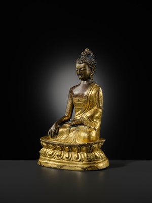 A GILT-BRONZE REPOUSSÉ FIGURE OF BUDDHA SHAKYAMUNI, INNER MONGOLIA, DOLONNOR MONASTERY, 18TH CENTURY