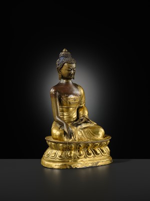 A GILT-BRONZE REPOUSSÉ FIGURE OF BUDDHA SHAKYAMUNI, INNER MONGOLIA, DOLONNOR MONASTERY, 18TH CENTURY