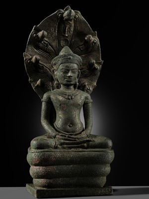 Lot 267 - A BRONZE FIGURE OF BUDDHA MUCHALINDA, ANGKOR PERIOD, BAYON STYLE
