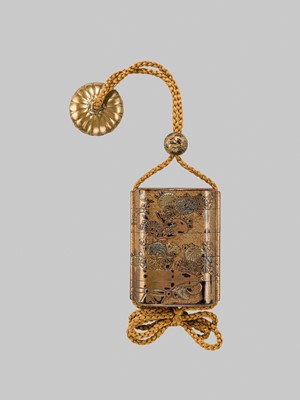 Lot 2 - A FINE FOUR-CASE LACQUER INRO WITH CHRYSANTHEMUMS, WITH EN-SUITE NETSUKE AND OJIME