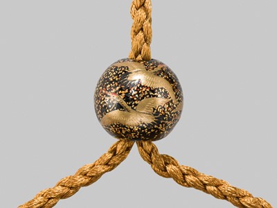 Lot 2 - A FINE FOUR-CASE LACQUER INRO WITH CHRYSANTHEMUMS, WITH EN-SUITE NETSUKE AND OJIME