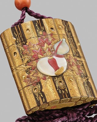 Lot 37 - TOYO: A FINE INLAID LACQUER THREE-CASE INRO REFERENCING THE TAKETORI MONOGATARI