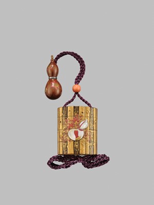 Lot 37 - TOYO: A FINE INLAID LACQUER THREE-CASE INRO REFERENCING THE TAKETORI MONOGATARI