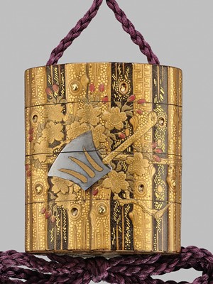 Lot 37 - TOYO: A FINE INLAID LACQUER THREE-CASE INRO REFERENCING THE TAKETORI MONOGATARI