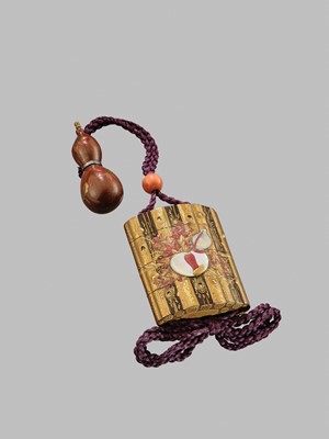 Lot 37 - TOYO: A FINE INLAID LACQUER THREE-CASE INRO REFERENCING THE TAKETORI MONOGATARI