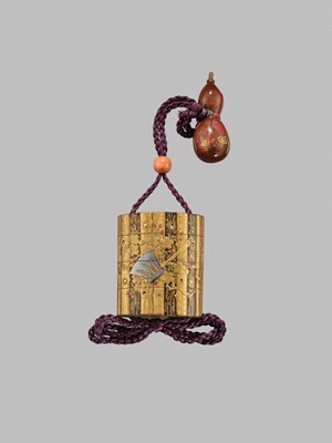 Lot 37 - TOYO: A FINE INLAID LACQUER THREE-CASE INRO REFERENCING THE TAKETORI MONOGATARI