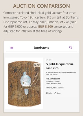 Lot 37 - TOYO: A FINE INLAID LACQUER THREE-CASE INRO REFERENCING THE TAKETORI MONOGATARI