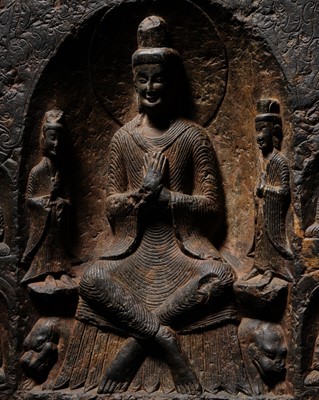 Lot 67 - A VERY RARE LIMESTONE STELE DEPICTING A BUDDHIST TRIAD WITH MILE PUSA (MAITREYA), NORTHERN WEI DYNASTY
