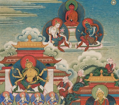 Lot 46 - A THANGKA DEPICTING THE VASUDHARA MANDALA, TIBET, 18TH-19TH CENTURY