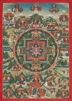 Lot 46 - A THANGKA DEPICTING THE VASUDHARA MANDALA, TIBET, 18TH-19TH CENTURY