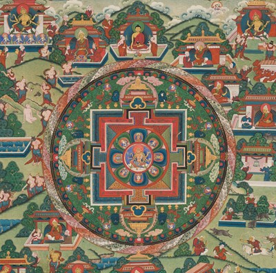 Lot 46 - A THANGKA DEPICTING THE VASUDHARA MANDALA, TIBET, 18TH-19TH CENTURY