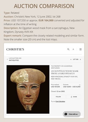 Lot 14 - A BRONZE AND LIMESTONE INLAID WOOD SARCOPHAGUS MASK, PTOLEMAIC PERIOD