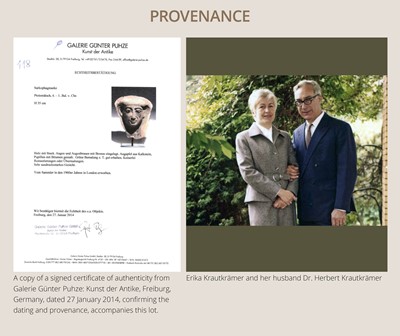 Lot 14 - A BRONZE AND LIMESTONE INLAID WOOD SARCOPHAGUS MASK, PTOLEMAIC PERIOD