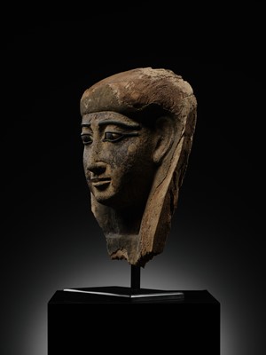 Lot 14 - A BRONZE AND LIMESTONE INLAID WOOD SARCOPHAGUS MASK, PTOLEMAIC PERIOD