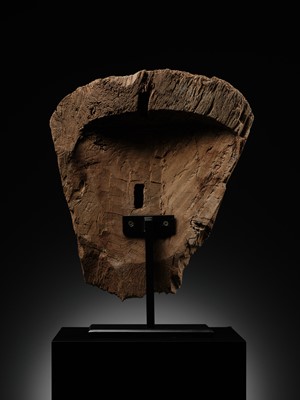 Lot 14 - A BRONZE AND LIMESTONE INLAID WOOD SARCOPHAGUS MASK, PTOLEMAIC PERIOD