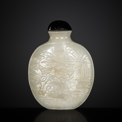 Lot 191 - A MAGNIFICENT WHITE JADE ‘PINE LANDSCAPE’ SNUFF BOTTLE, 1750-1850