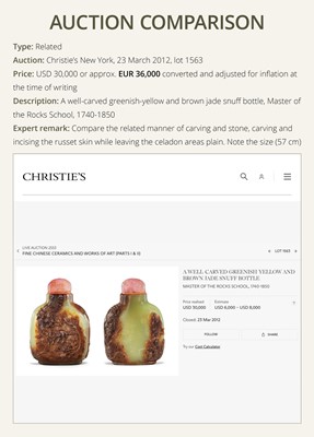 Lot 193 - A LARGE GREEN AND RUSSET JADE SNUFF BOTTLE, MASTER OF THE ROCKS SCHOOL, QIANLONG PERIOD