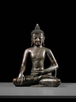 Lot 79 - A LARGE SILVERED BRONZE FIGURE OF BUDDHA SHAKYAMUNI, TIBETO-CHINESE, 15TH CENTURY, POSSIBLY IMPERIAL WORKSHOPS BEIJING