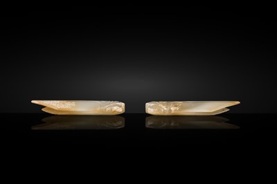 A PAIR OF WHITE JADE ‘CICADA’ FUNERARY TONGUE AMULETS, WESTERN HAN DYNASTY