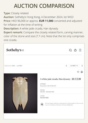 A PAIR OF WHITE JADE ‘CICADA’ FUNERARY TONGUE AMULETS, WESTERN HAN DYNASTY