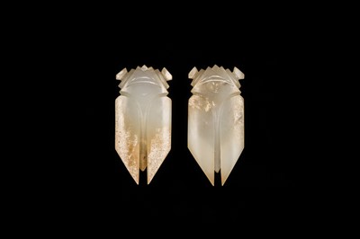 A PAIR OF WHITE JADE ‘CICADA’ FUNERARY TONGUE AMULETS, WESTERN HAN DYNASTY