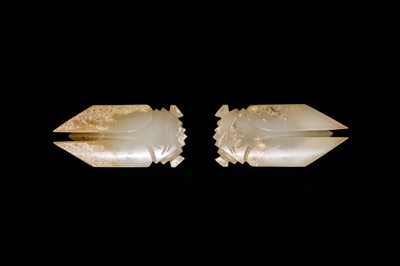 A PAIR OF WHITE JADE ‘CICADA’ FUNERARY TONGUE AMULETS, WESTERN HAN DYNASTY