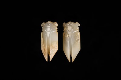 A PAIR OF WHITE JADE ‘CICADA’ FUNERARY TONGUE AMULETS, WESTERN HAN DYNASTY