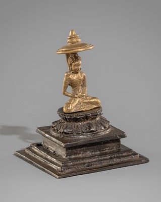 Lot 1528 - A METAL ALLOY FIGURE OF BUDDHA AMITHABA, CENTRAL JAVANESE PERIOD, 10TH CENTURY