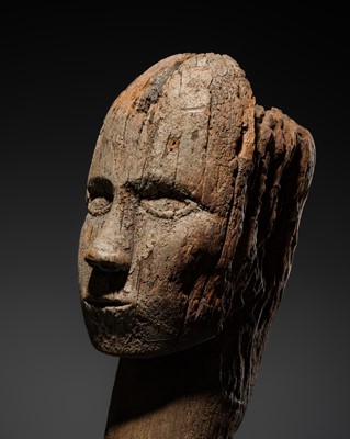 Lot 659 - A WOOD HEAD OF A NOBLEMAN, TAU TAU, SULAWESI, TORAJA CULTURE, 17TH-18TH CENTURY