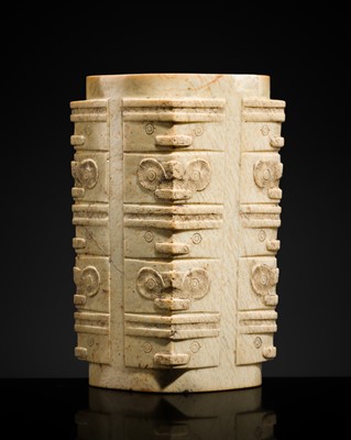 Lot 152 - AN EXTREMELY RARE FIVE-TIERED IVORY-WHITE JADE CONG, NEOLITHIC PERIOD, LIANGZHU CULTURE
