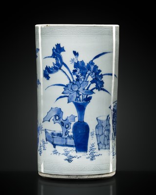 Lot 156 - AN INCISED BLUE AND WHITE ‘ANTIQUE TREASURES’ BRUSH POT, BITONG, TRANSITIONAL PERIOD