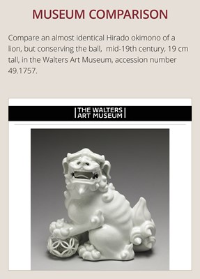 Lot 1584 - A CHARMING HIRADO WHITE-GLAZED OKIMONO OF A SHISHI