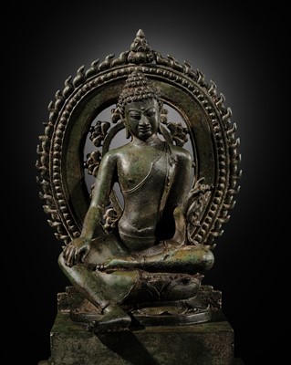 Lot 241 - A BRONZE FIGURE OF BUDDHA, INDONESIA, SRIVIJAYA PERIOD, 8TH-10TH CENTURY