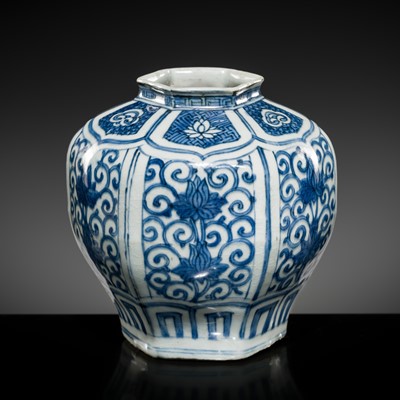 Lot 20 - A RARE BLUE AND WHITE 'LOTUS' HEXAGONAL JAR, EARLY MING DYNASTY