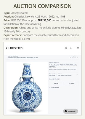 Lot 13 - A FINE AND RARE BLUE AND WHITE MOONFLASK, BIANHU, MING DYNASTY, 15TH CENTURY