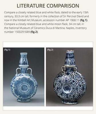Lot 13 - A FINE AND RARE BLUE AND WHITE MOONFLASK, BIANHU, MING DYNASTY, 15TH CENTURY