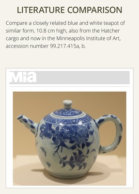 Lot 172 - A BLUE AND WHITE ‘QILIN AND PHOENIX’ TEAPOT AND COVER, TRANSITIONAL PERIOD, FROM THE HATCHER CARGO