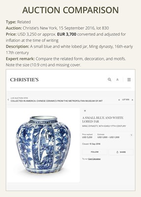 Lot 156 - A BLUE AND WHITE ‘FLORAL’ LOBED JAR AND COVER, WANLI PERIOD