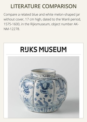 Lot 156 - A BLUE AND WHITE ‘FLORAL’ LOBED JAR AND COVER, WANLI PERIOD