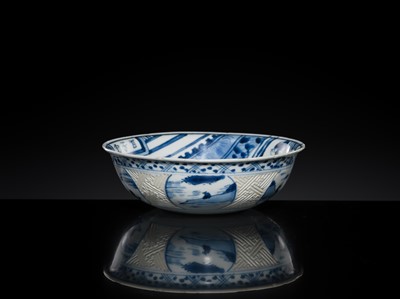 Lot 164 - AN UNUSUAL BLUE AND WHITE ‘BAIZITANG’ BOWL, LATE MING DYNASTY, WANLI-CHONGZHEN PERIOD
