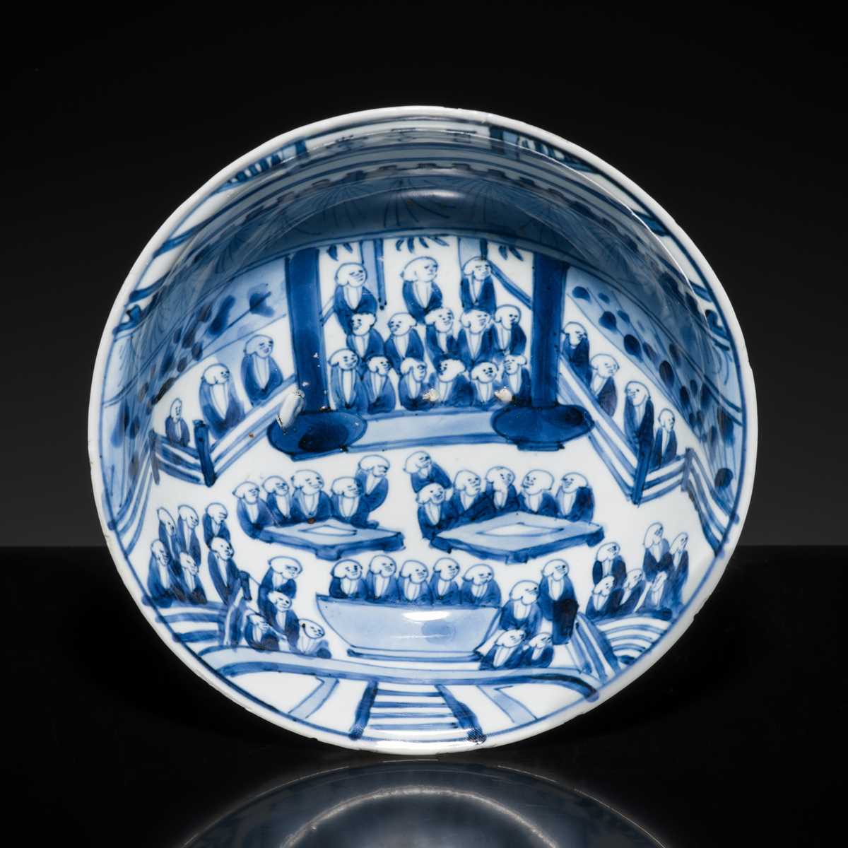 Lot 164 - AN UNUSUAL BLUE AND WHITE ‘BAIZITANG’ BOWL, LATE MING DYNASTY, WANLI-CHONGZHEN PERIOD