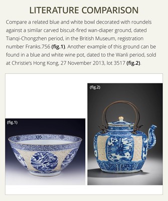 Lot 164 - AN UNUSUAL BLUE AND WHITE ‘BAIZITANG’ BOWL, LATE MING DYNASTY, WANLI-CHONGZHEN PERIOD