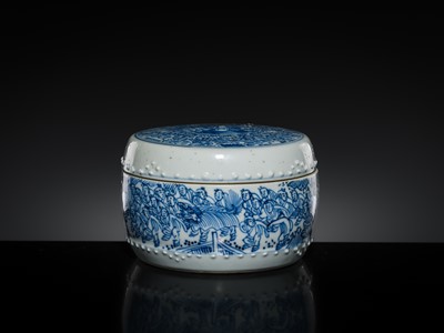 Lot 168 - A BLUE AND WHITE ‘MYTHICAL BEASTS AND HUNDRED BOYS’ DRUM-FORM BOX AND COVER, KANGXI PERIOD