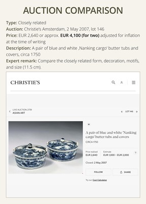 Lot 176 - A BLUE AND WHITE BUTTER TUB AND COVER, QIANLONG PERIOD, FROM THE NANKING CARGO