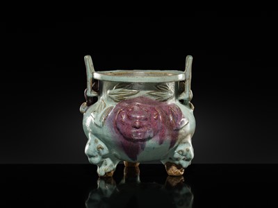 Lot 9 - A LARGE AND RARE JUNYAO PURPLE-SPLASHED TRIPOD CENSER, YUAN DYNASTY