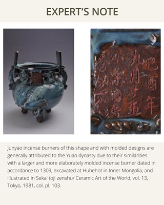 Lot 9 - A LARGE AND RARE JUNYAO PURPLE-SPLASHED TRIPOD CENSER, YUAN DYNASTY