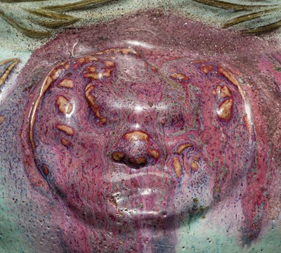 Lot 9 - A LARGE AND RARE JUNYAO PURPLE-SPLASHED TRIPOD CENSER, YUAN DYNASTY