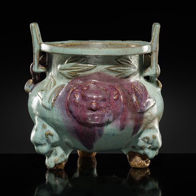 Lot 9 - A LARGE AND RARE JUNYAO PURPLE-SPLASHED TRIPOD CENSER, YUAN DYNASTY