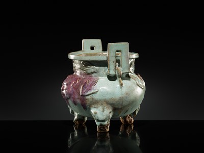 Lot 9 - A LARGE AND RARE JUNYAO PURPLE-SPLASHED TRIPOD CENSER, YUAN DYNASTY